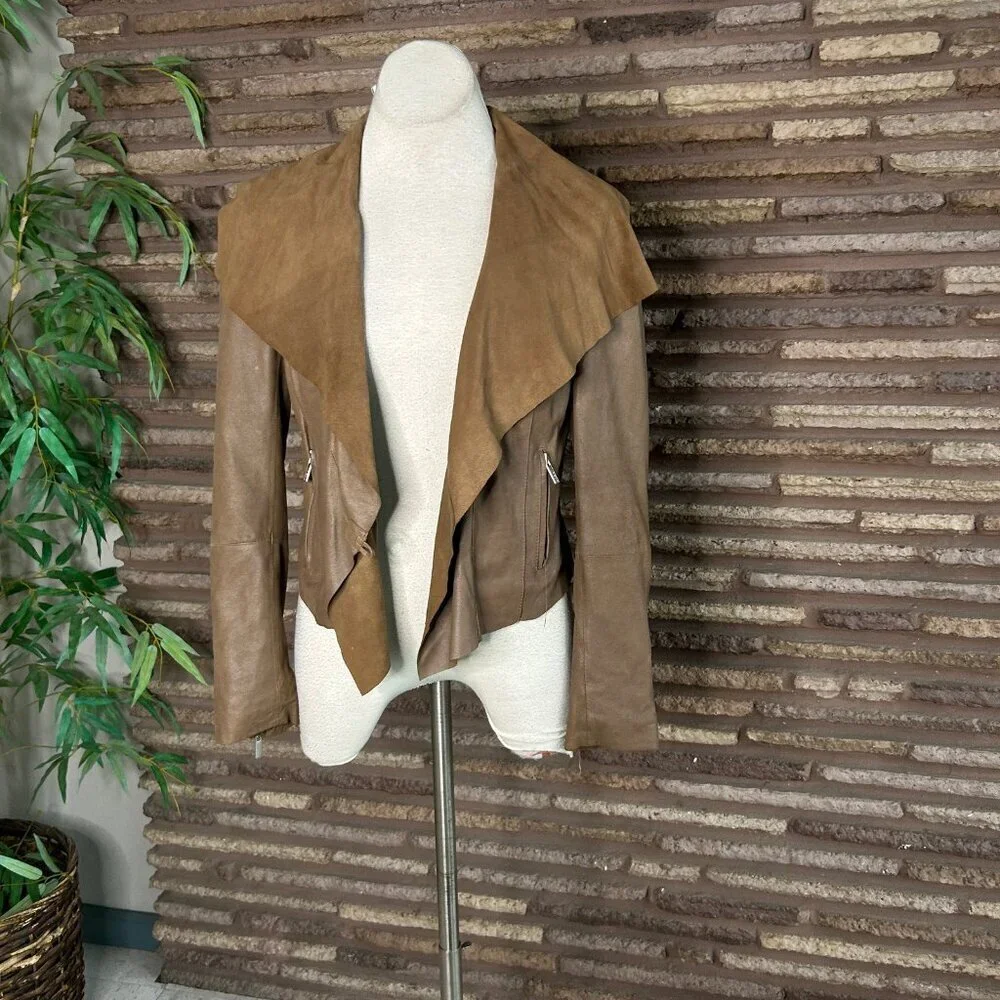 Kors Michael Kors Brown Leather Jacket Suede Moto Waterfall Y2K Designer Medium